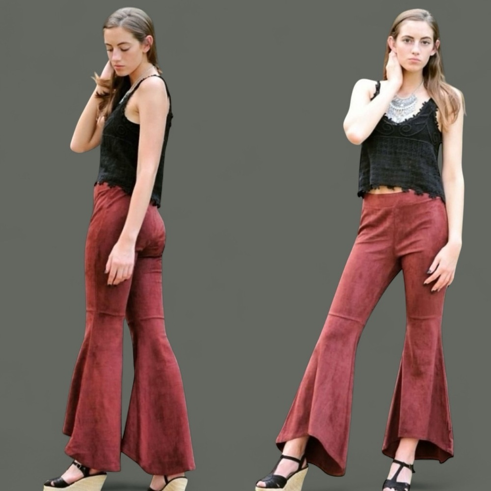 NWT Ryu Brown Faux Suede High Low Hippie‎ Bellbottom Flare Pants Women’s Medium